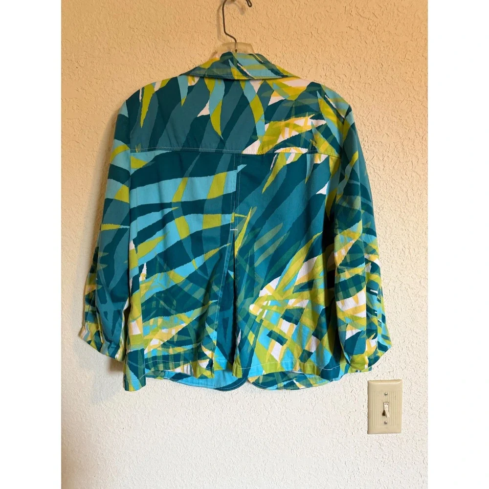Tribal Women Teal Green Tropical Palm Print Stretch Cotton Blazer Jacket Size 10